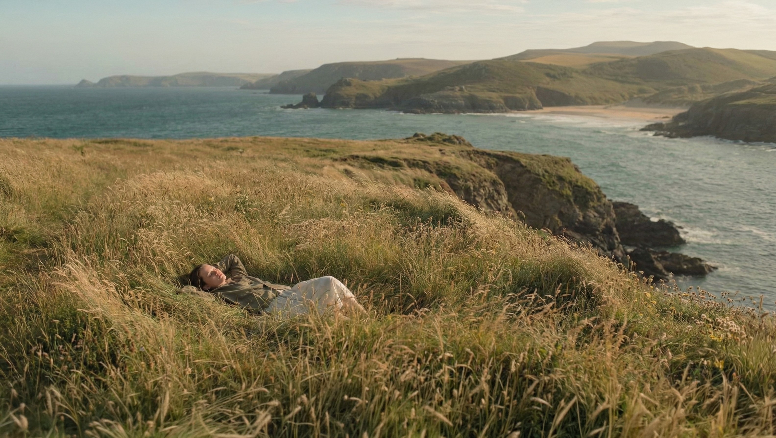 Coastal grasslands above a quiet bay